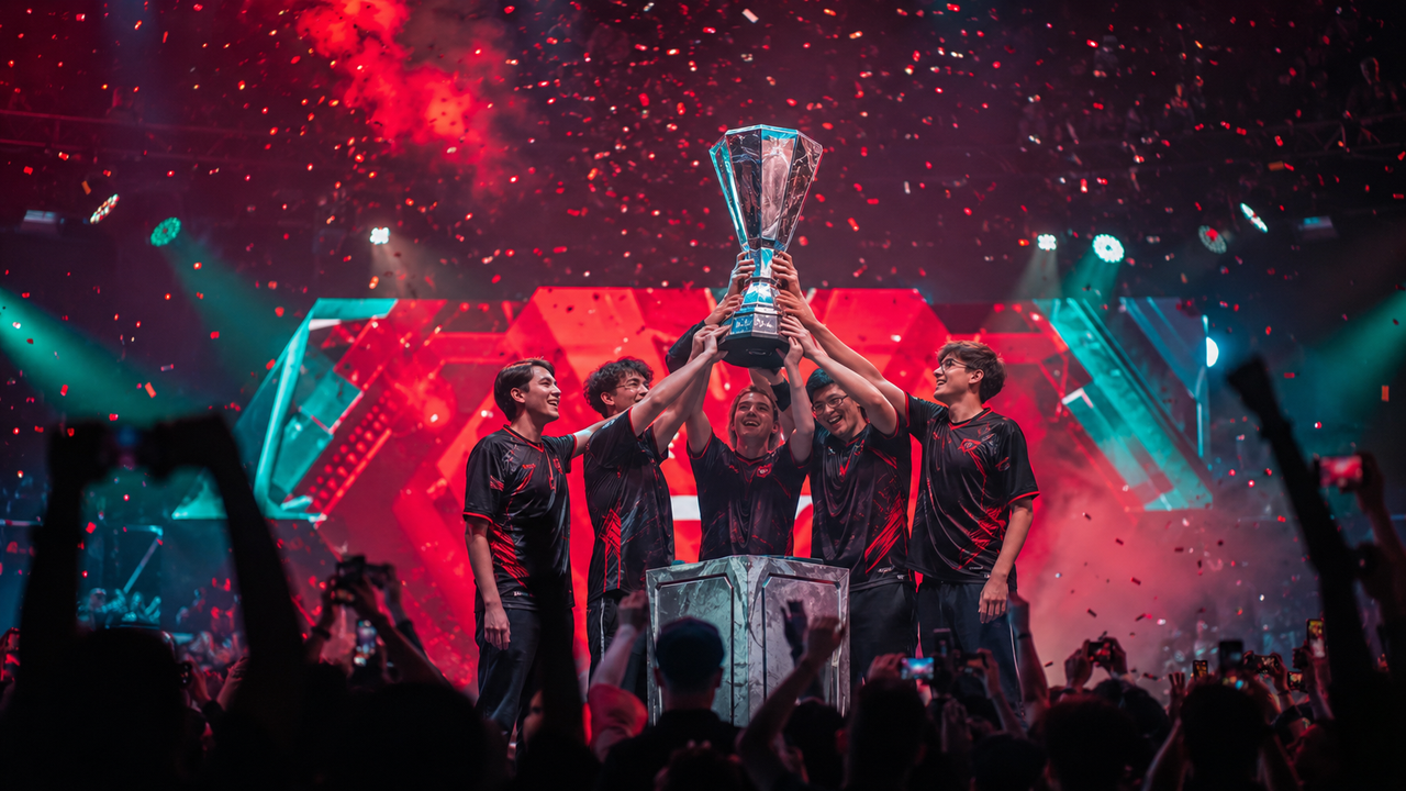 Un equipo de esports levantando el trofeo de campeones en un torneo de Valorant
