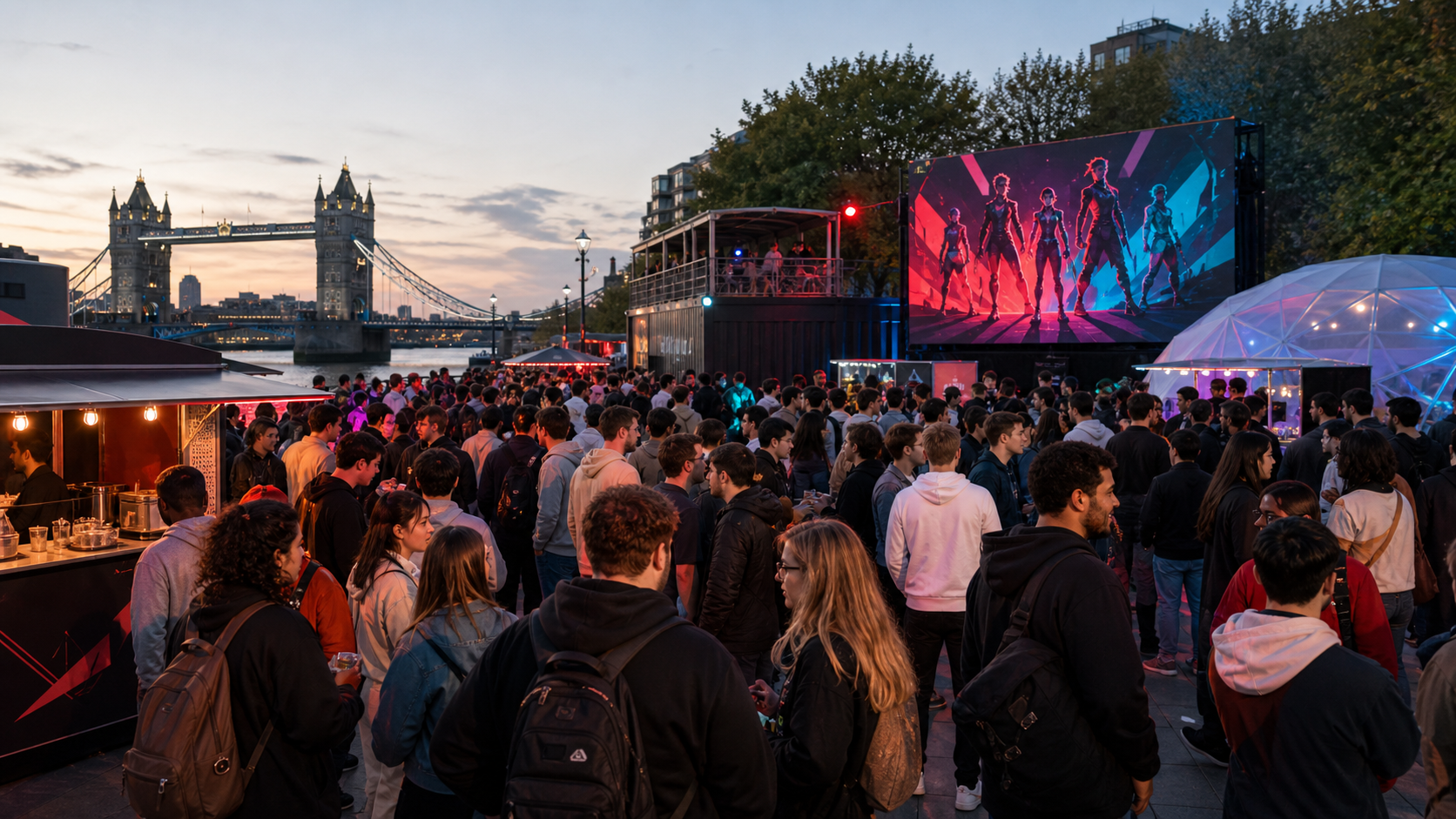 Fans d'esport rassemblés à un festival de fans au bord de la Tamise à Londres avant une watch party