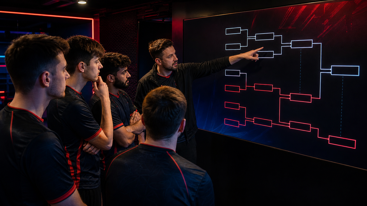 Équipe esport étudiant un bracket de tournoi à double élimination