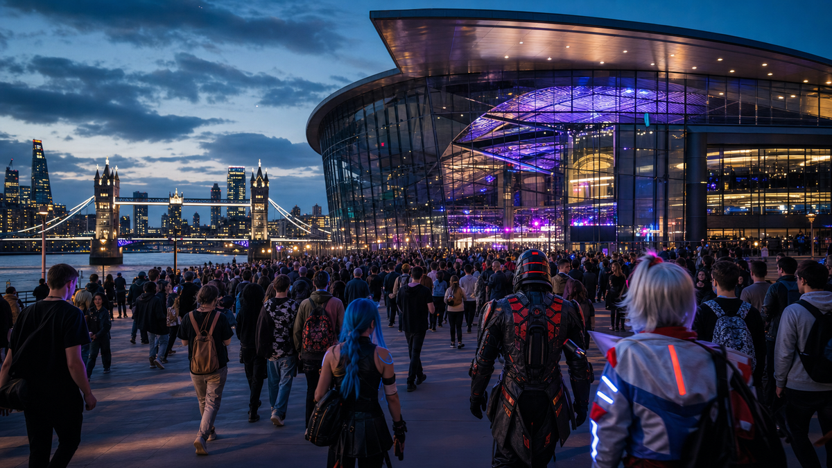 Fans d'esport arrivant dans une grande salle de finale londonienne