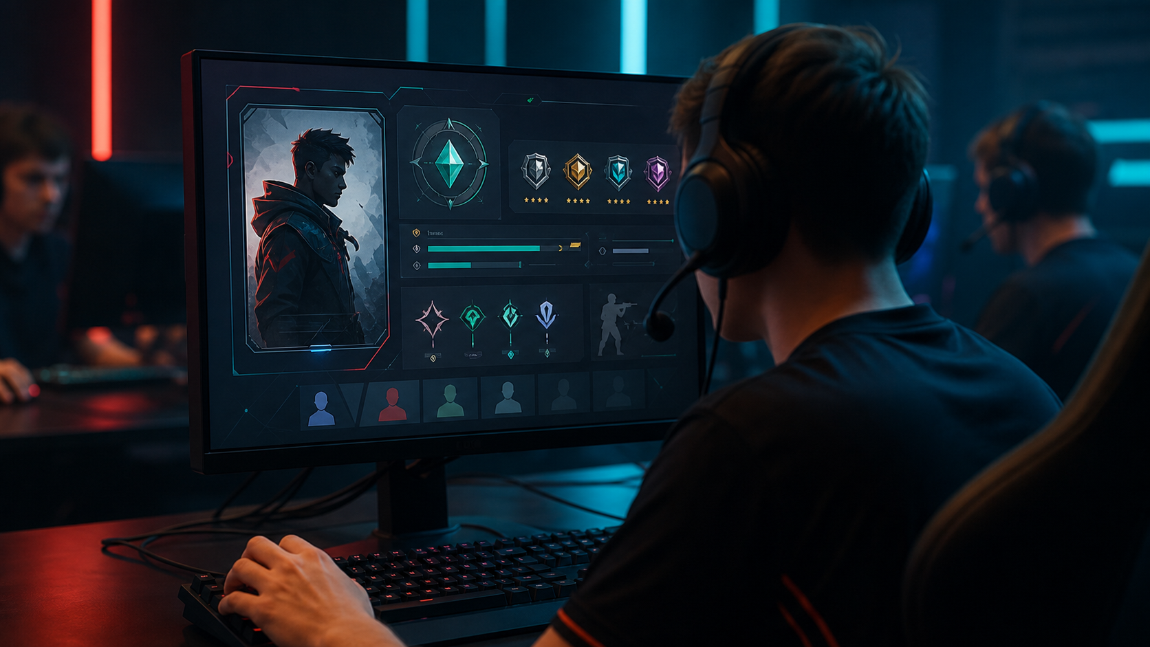 Spelare som tittar på ett personligt taktiskt shooter-profilkort på en monitor