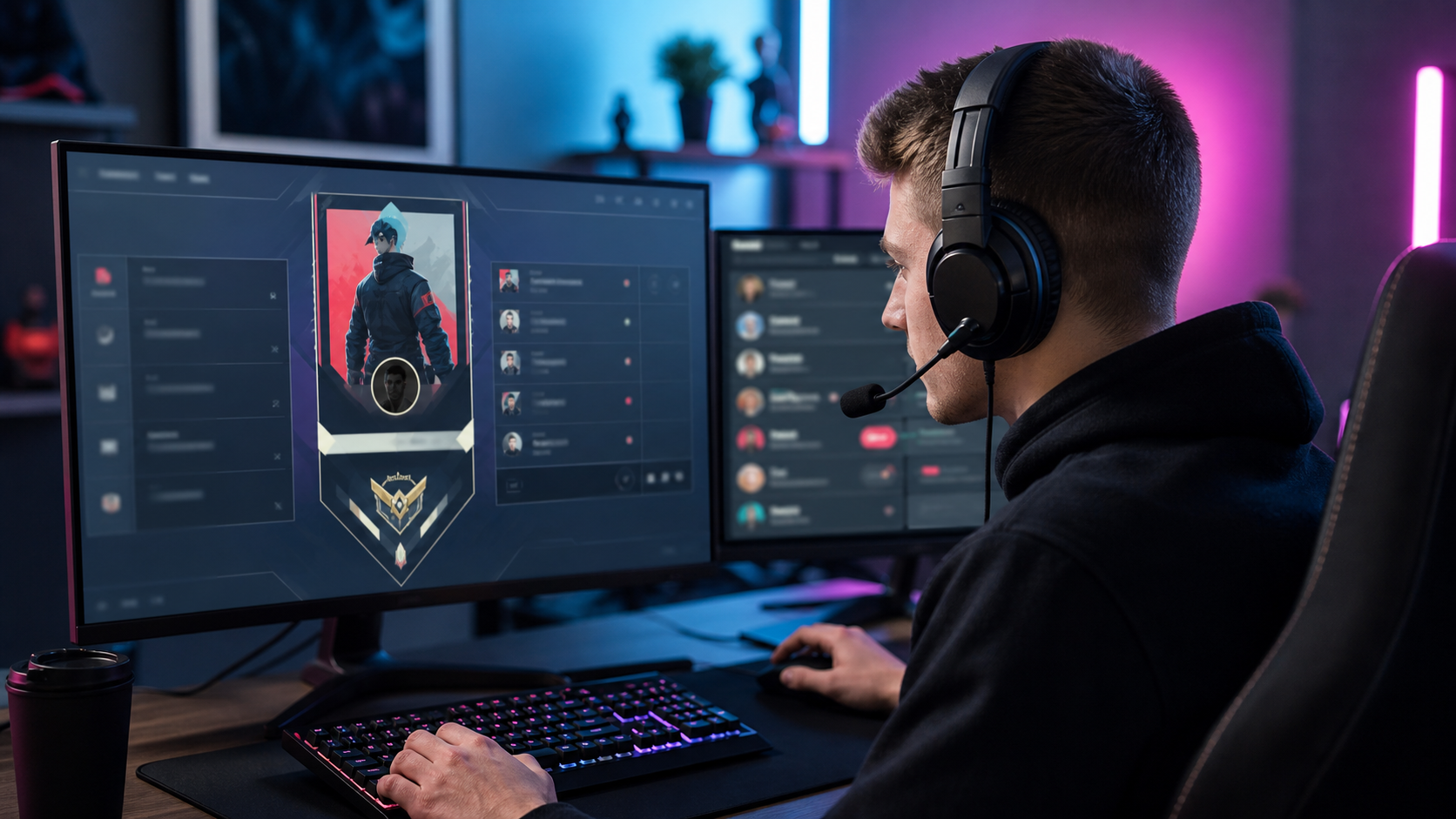Spelare som kollar ett taktiskt shooter-profilkort medan de formar en teamlobby