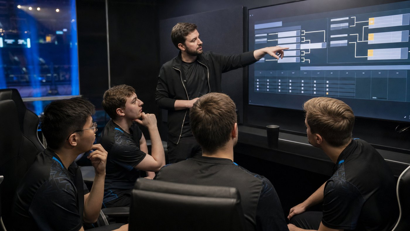 Esportlag som granskar ett tvådagars slutspelsträd