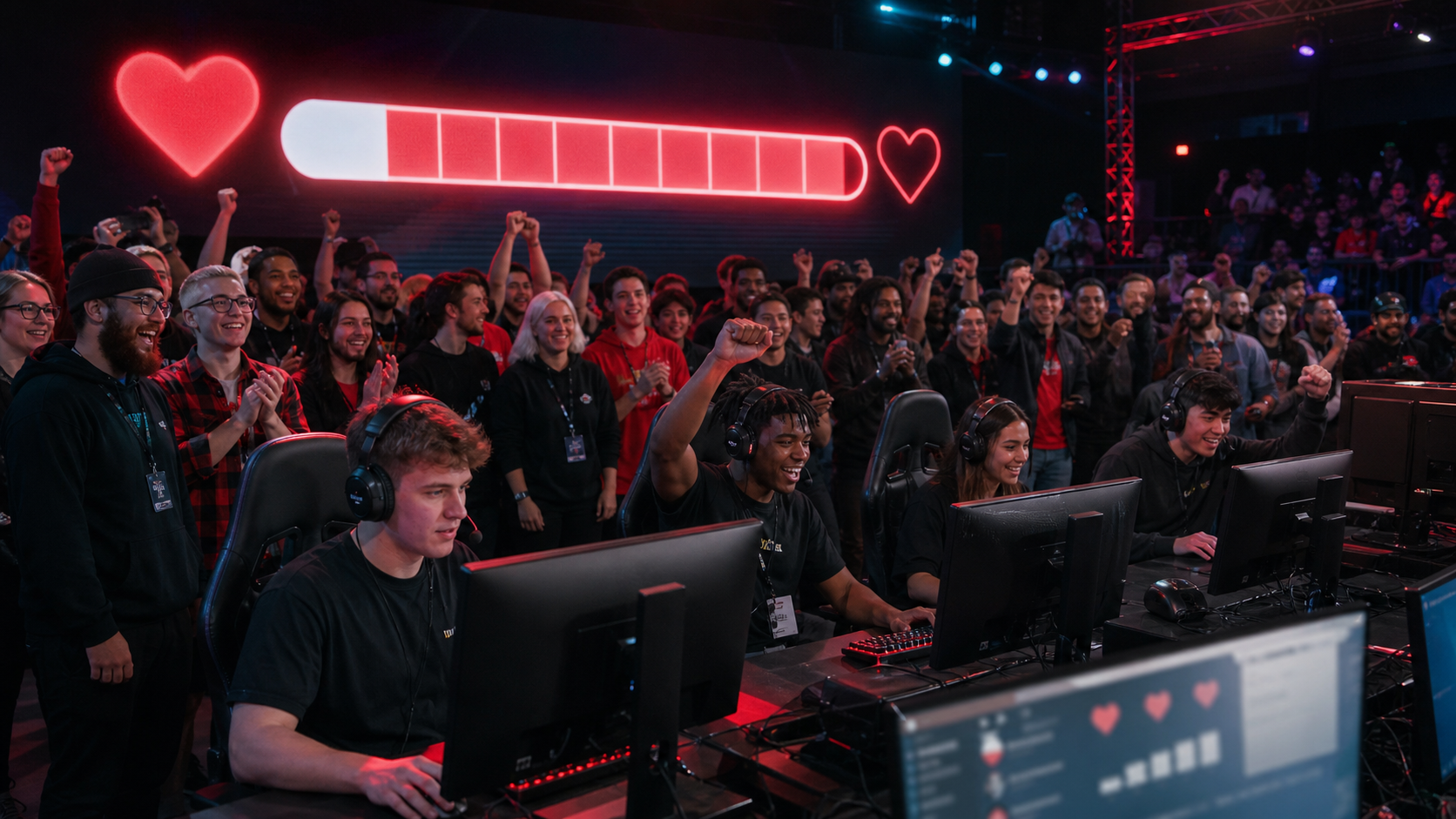 Fans d'esport VALORANT regardant une diffusion d'événement en direct sur un grand écran