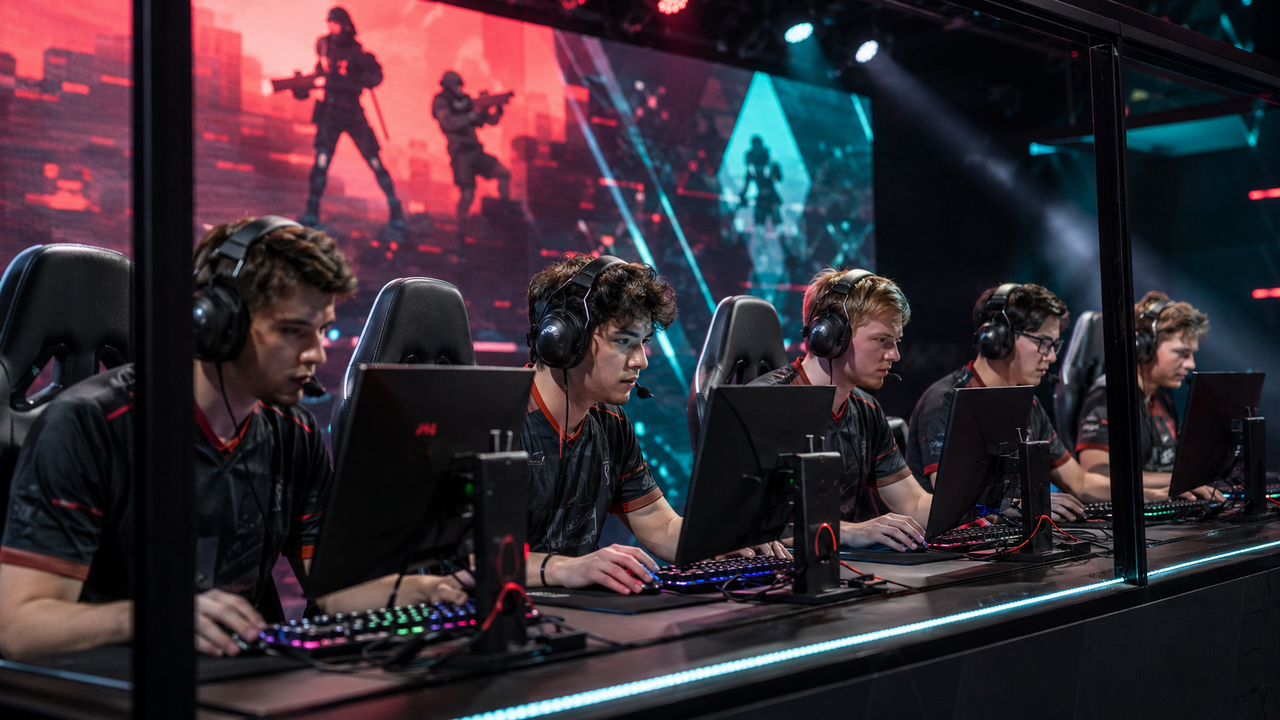 Professional players competing on stage at a Valorant tournament