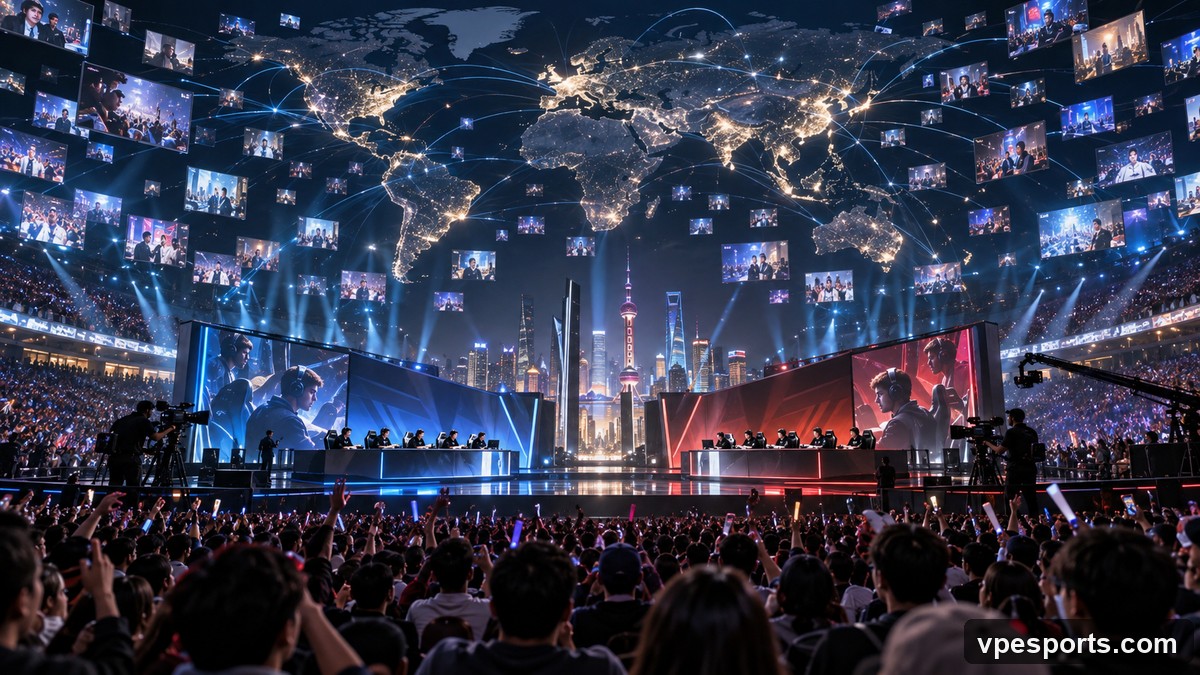 Conceptuele illustratie van wereldwijd publiek dat naar VALORANT Champions kijkt