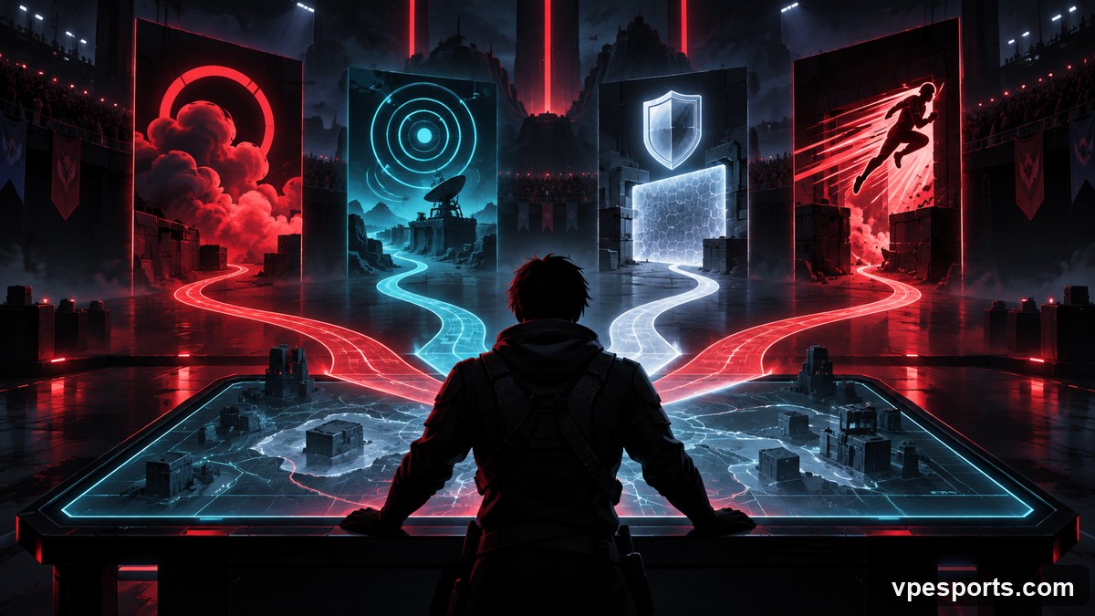 Conceptuele illustratie van een esports-speler die vier tactische rollen dekt