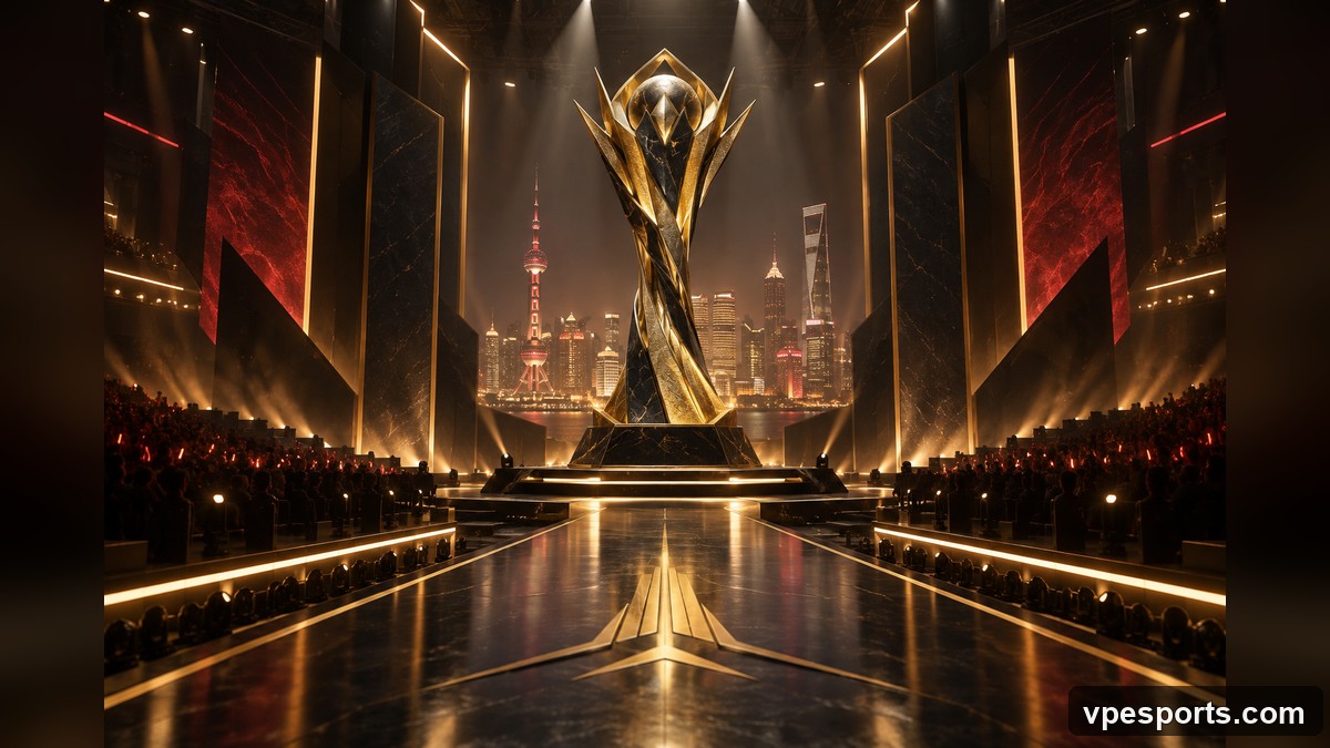 Conceptuele illustratie van de onthulling van de Champions Shanghai-trofee en het podium