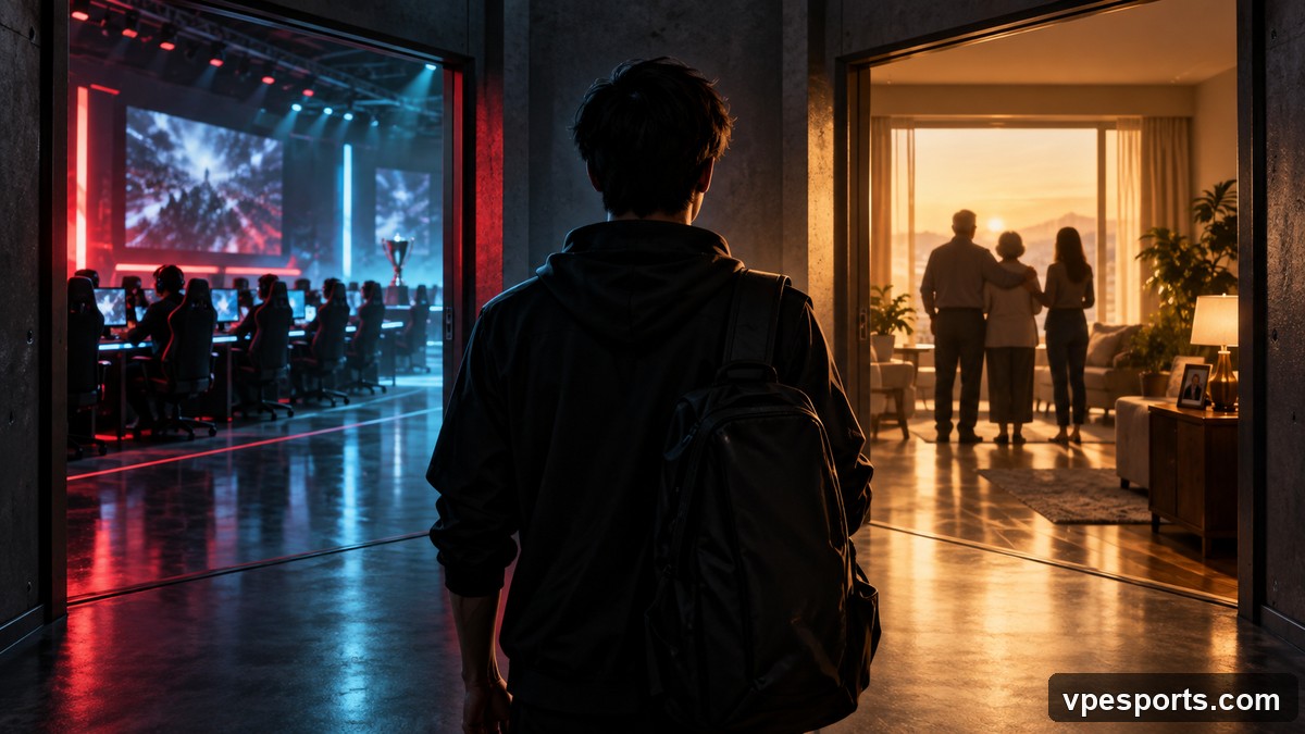 Konzeptillustration eines ungenannten E-Sport-Spielers, der Karriere und Familie abwägt