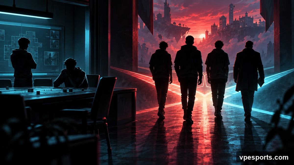 Konceptuell illustration av tre esportspelare och en tränare som utforskar nya alternativ