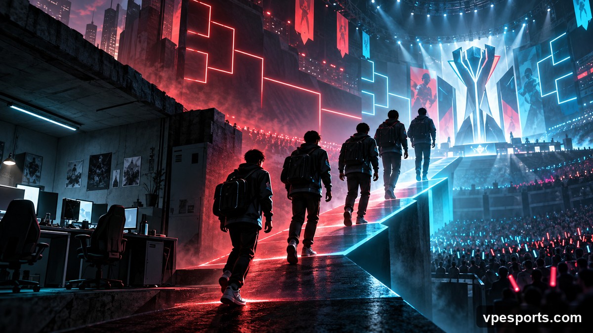 Konceptuell illustration av ett Challengers-lag som når en stor professionell arena