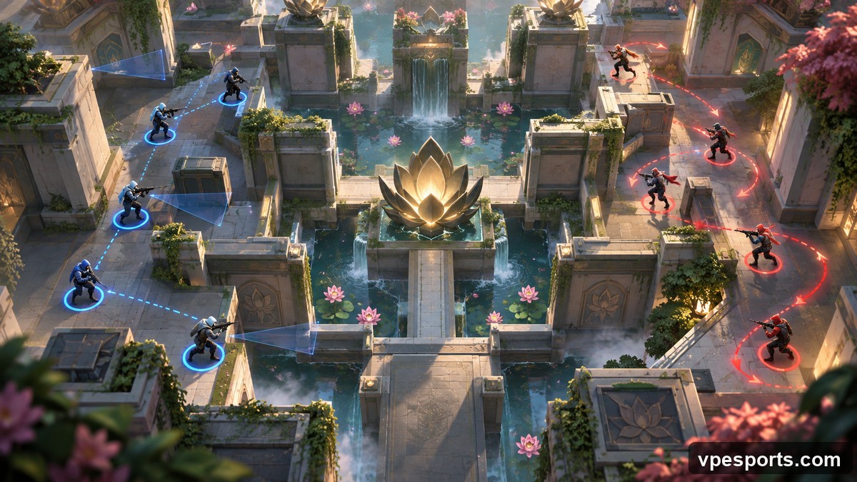 Contrasterende tactische benaderingen ontmoeten elkaar op een abstracte, door lotus geïnspireerde map
