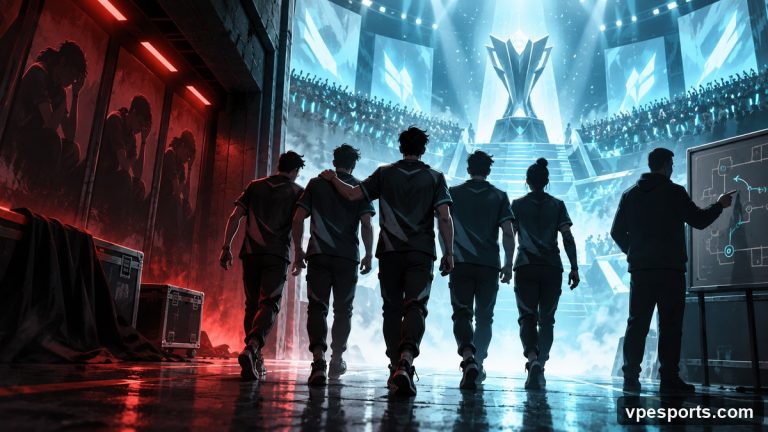 Conceptuele illustratie van een team dat vanuit een moeilijke fase opduikt in een kampioenschapsarena