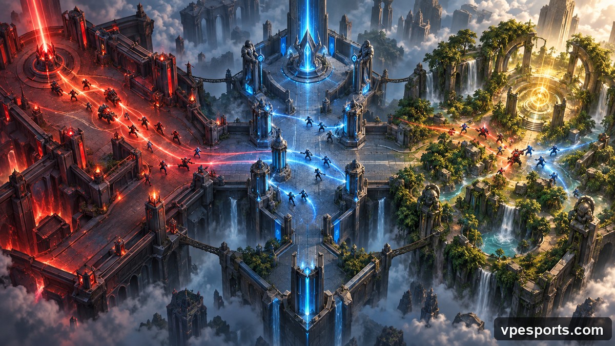 Conceptuele overheadillustratie van contrasterende tactieken over drie maps