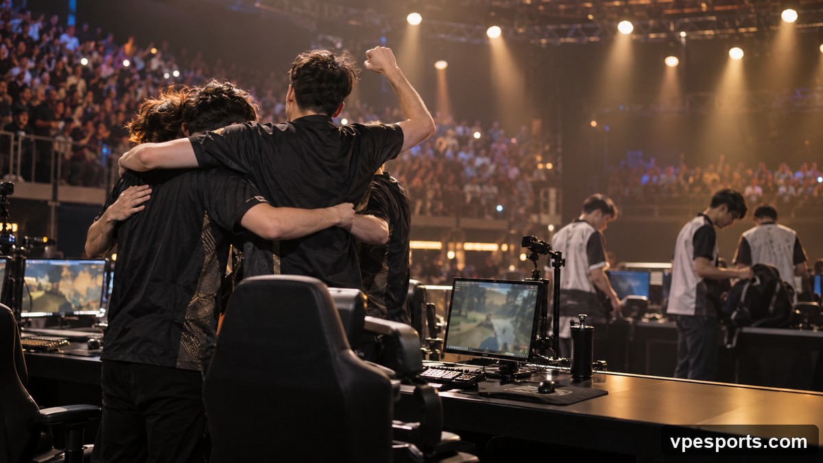 Un equipo de esports celebra en el escenario la victoria de una serie de playoffs