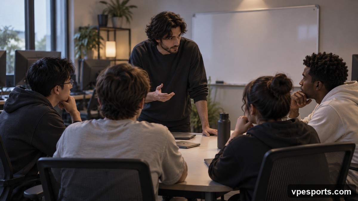 Conceptual illustration of an in-game leader guiding a Valorant team discussion