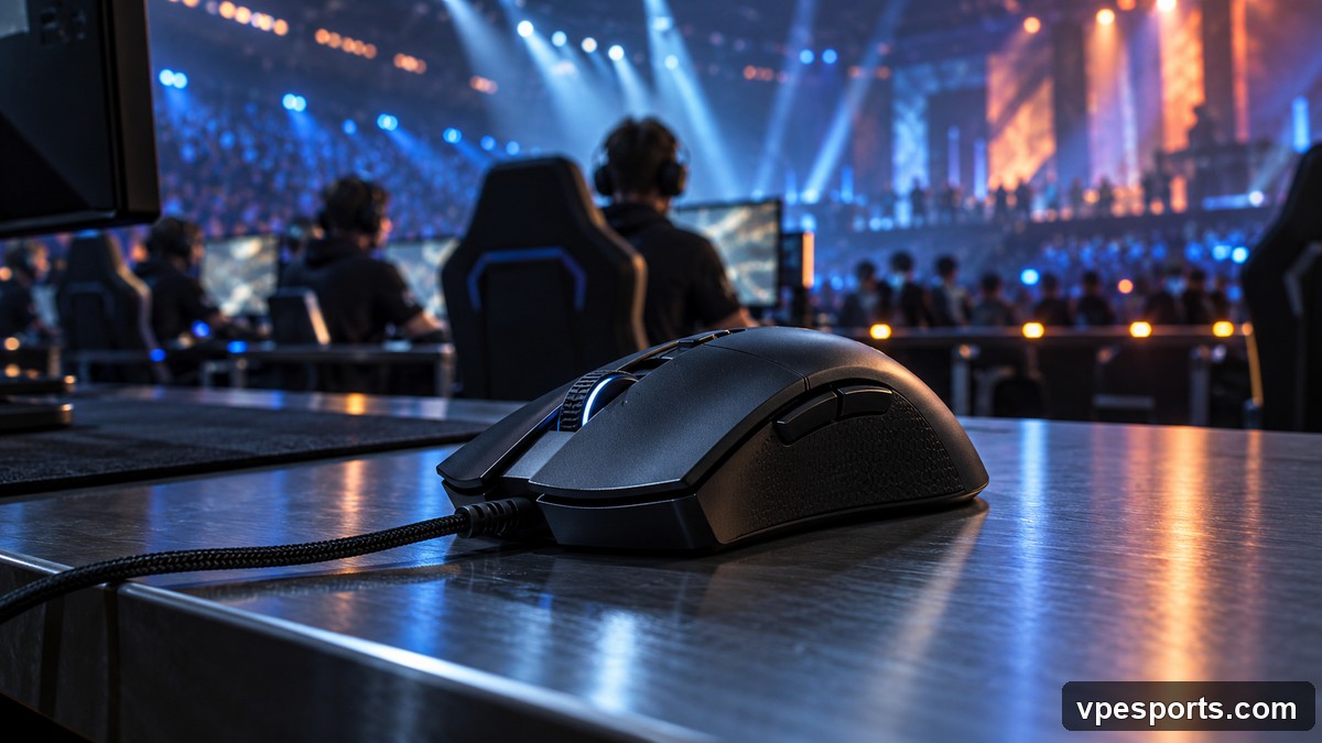 메이저 esports 토너먼트의 금속 책상 위에 놓인 유선 마우스