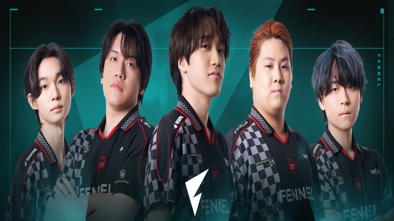 Five FENNEL Valorant players pose in black team jerseys