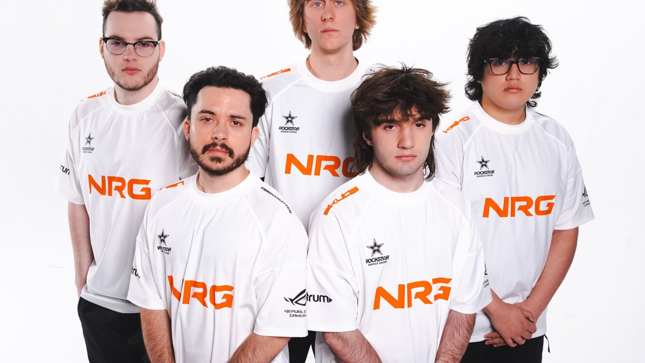 NRG Valorant players pose together in 2026 team jerseys