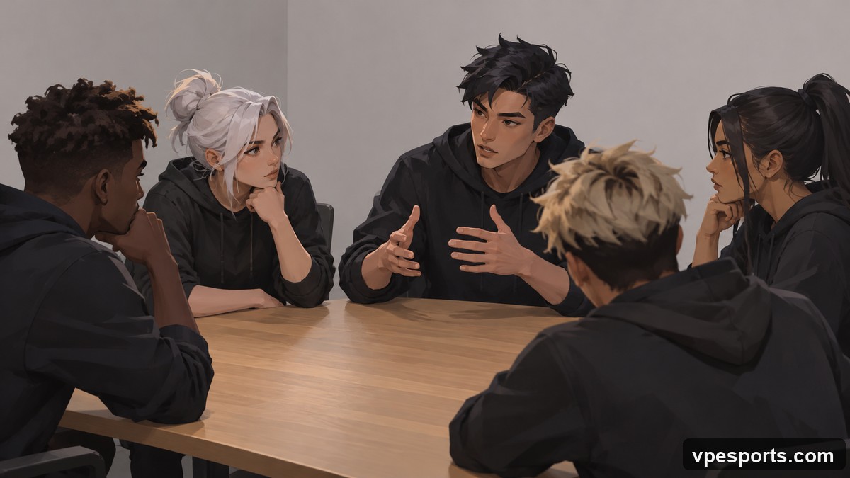 Conceptual image of an esports team exchanging tactical feedback